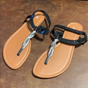 Strapped flat sandals!  Tan/black & silver.